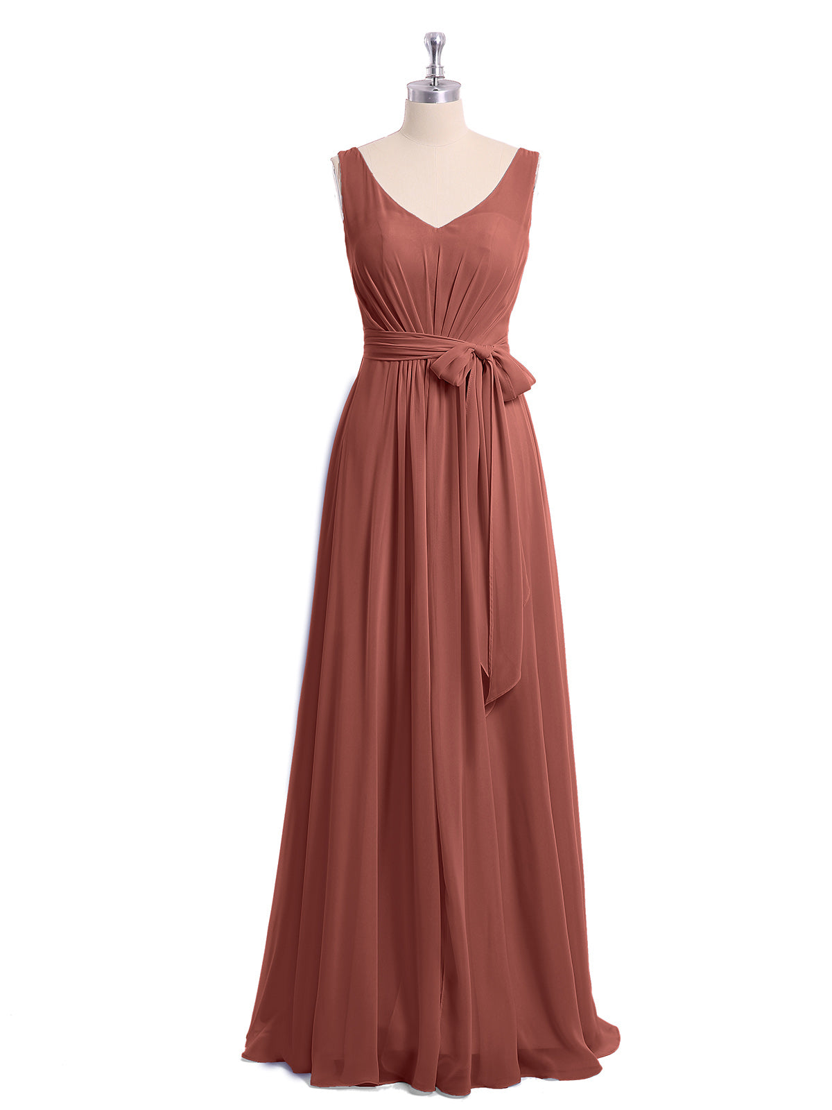 Vestidos largos de chiffon con escote en V y cinturón de lazo con abertura Terracota Tallas Grandes