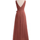 Vestidos largos de chiffon con escote en V y cinturón de lazo con abertura Terracota Tallas Grandes