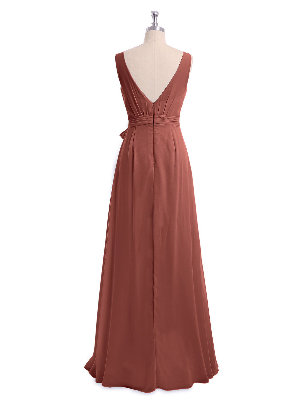 Vestidos largos de chiffon con escote en V y cinturón de lazo con abertura Terracota Tallas Grandes