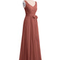 Vestidos largos de chiffon con escote en V y cinturón de lazo con abertura Terracota Tallas Grandes