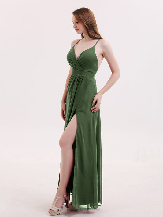 Delilah Sexy Profundo Escote En V Vestido Con Apertura Verde Oliva