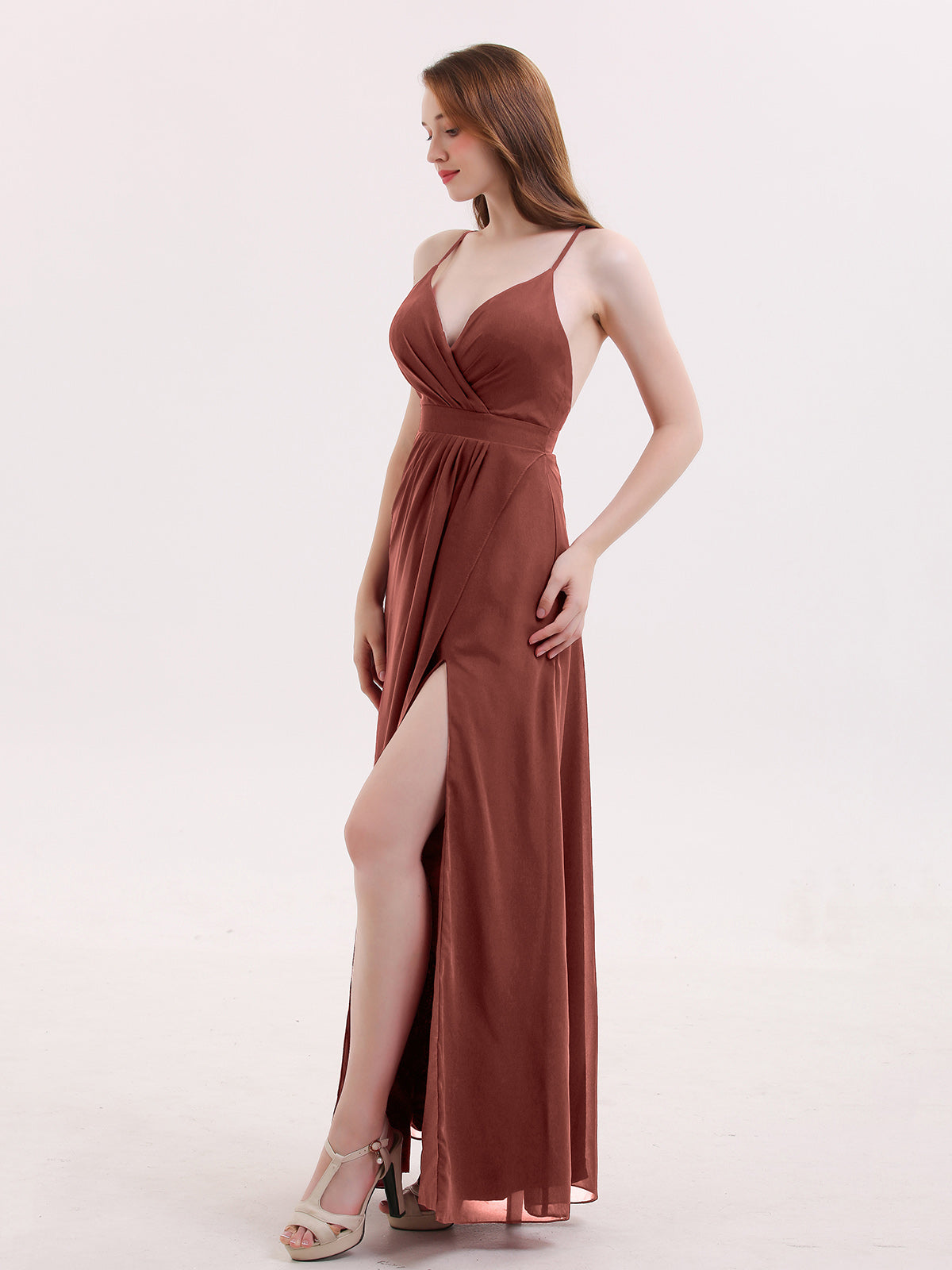 Delilah Sexy Profundo Escote En V Vestido Con Apertura Terracota