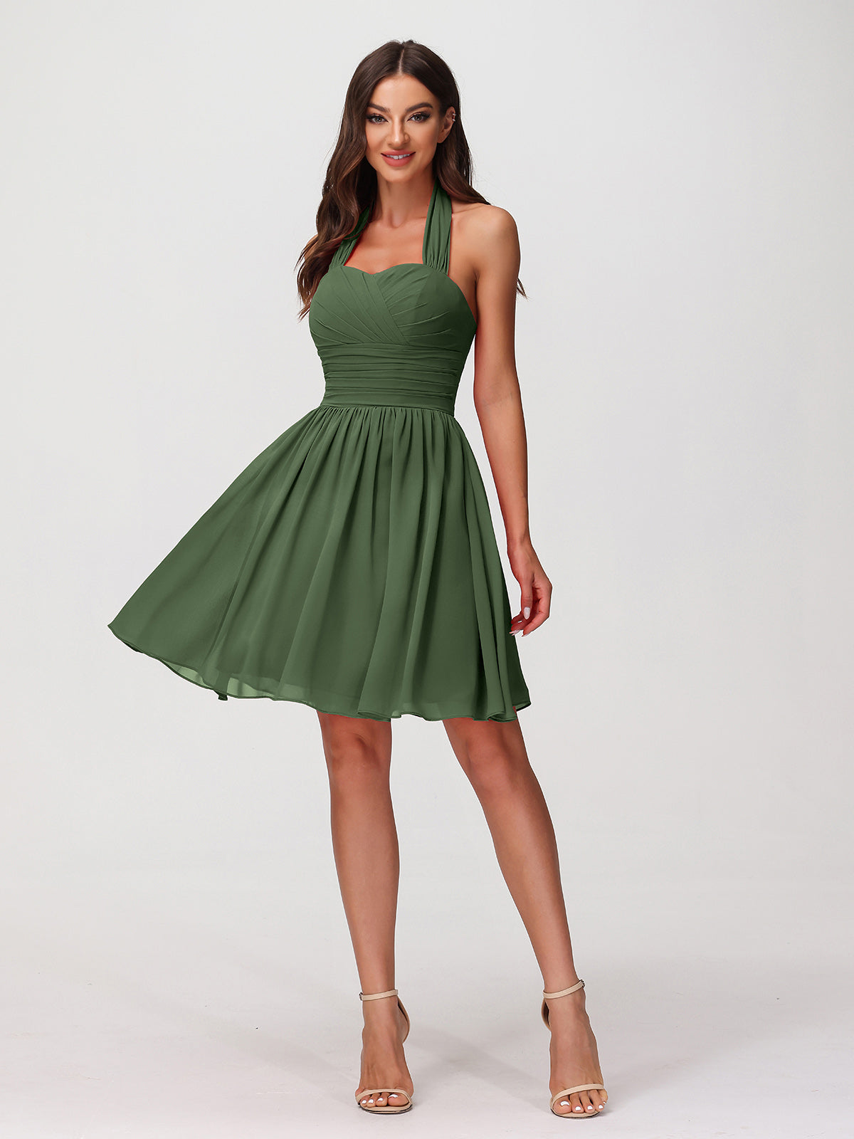 Delphine Cabestro Novio Gasa Vestidos Cortos Verde Oliva Tallas Grandes