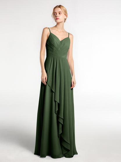 Vestido de chiffon con tirantes finos y escote en forma de corazón con detalle en cascada Verde Oliva Tallas Grandes
