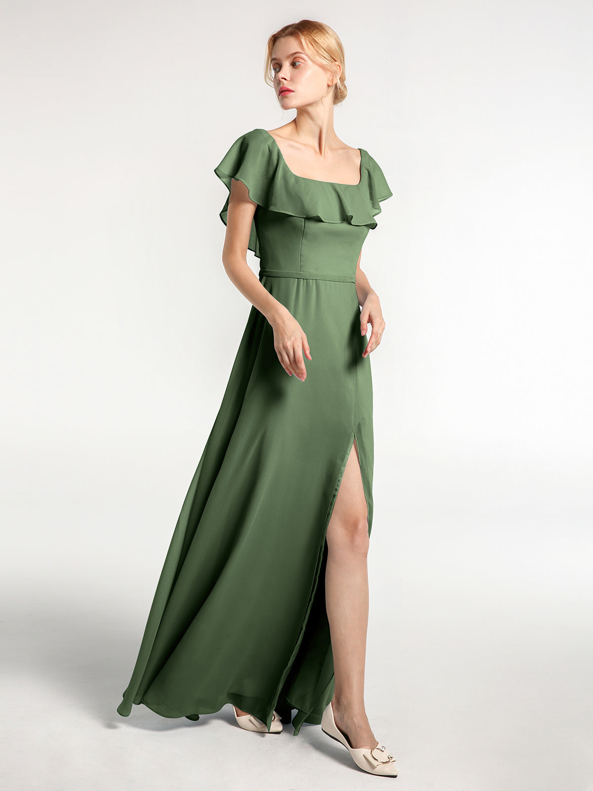 Vestido largo de chiffon con escote cuadrado y abertura frontal Verde Oliva