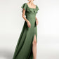 Vestido largo de chiffon con escote cuadrado y abertura frontal Verde Oliva Tallas Grandes