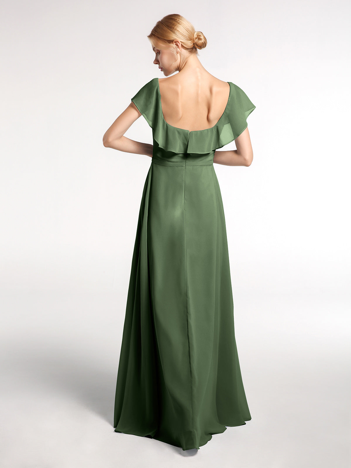 Vestido largo de chiffon con escote cuadrado y abertura frontal Verde Oliva Tallas Grandes