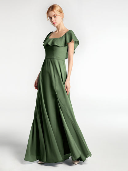 Vestido largo de chiffon con escote cuadrado y abertura frontal Verde Oliva Tallas Grandes