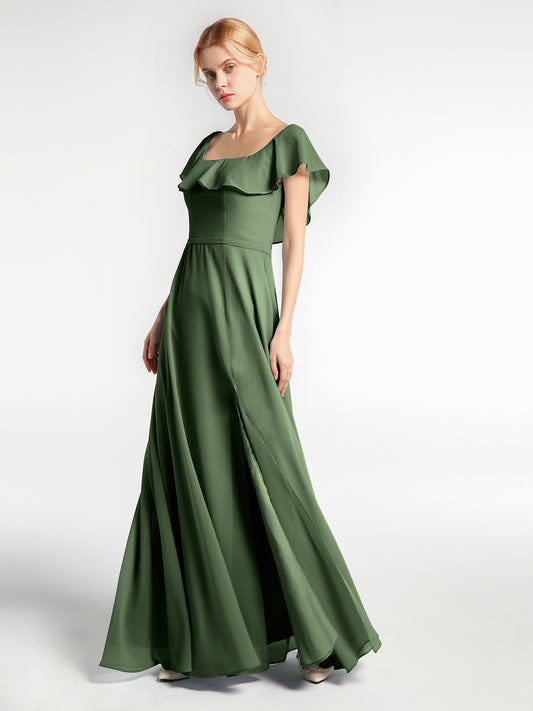 Vestido largo de chiffon con escote cuadrado y abertura frontal Verde Oliva Tallas Grandes