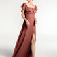 Vestido largo de chiffon con escote cuadrado y abertura frontal Terracota Tallas Grandes