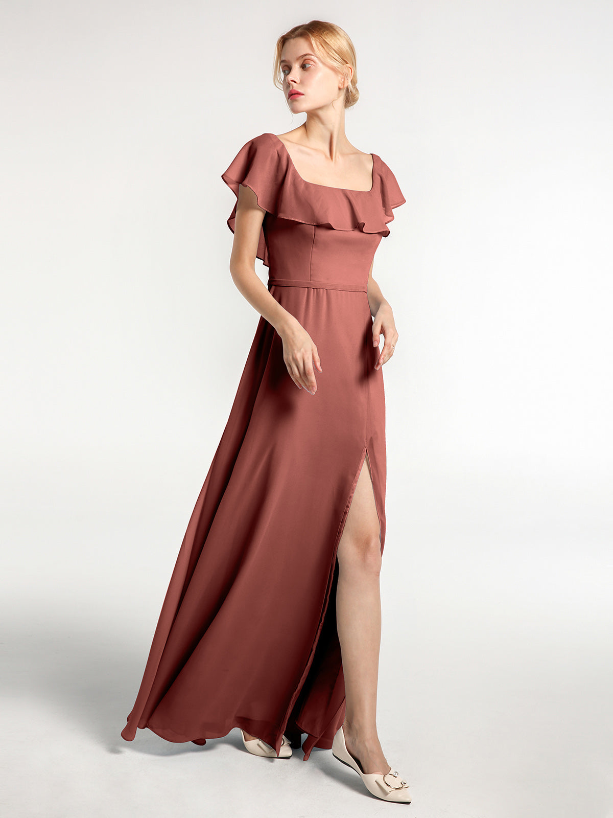 Vestido largo de chiffon con escote cuadrado y abertura frontal Terracota Tallas Grandes