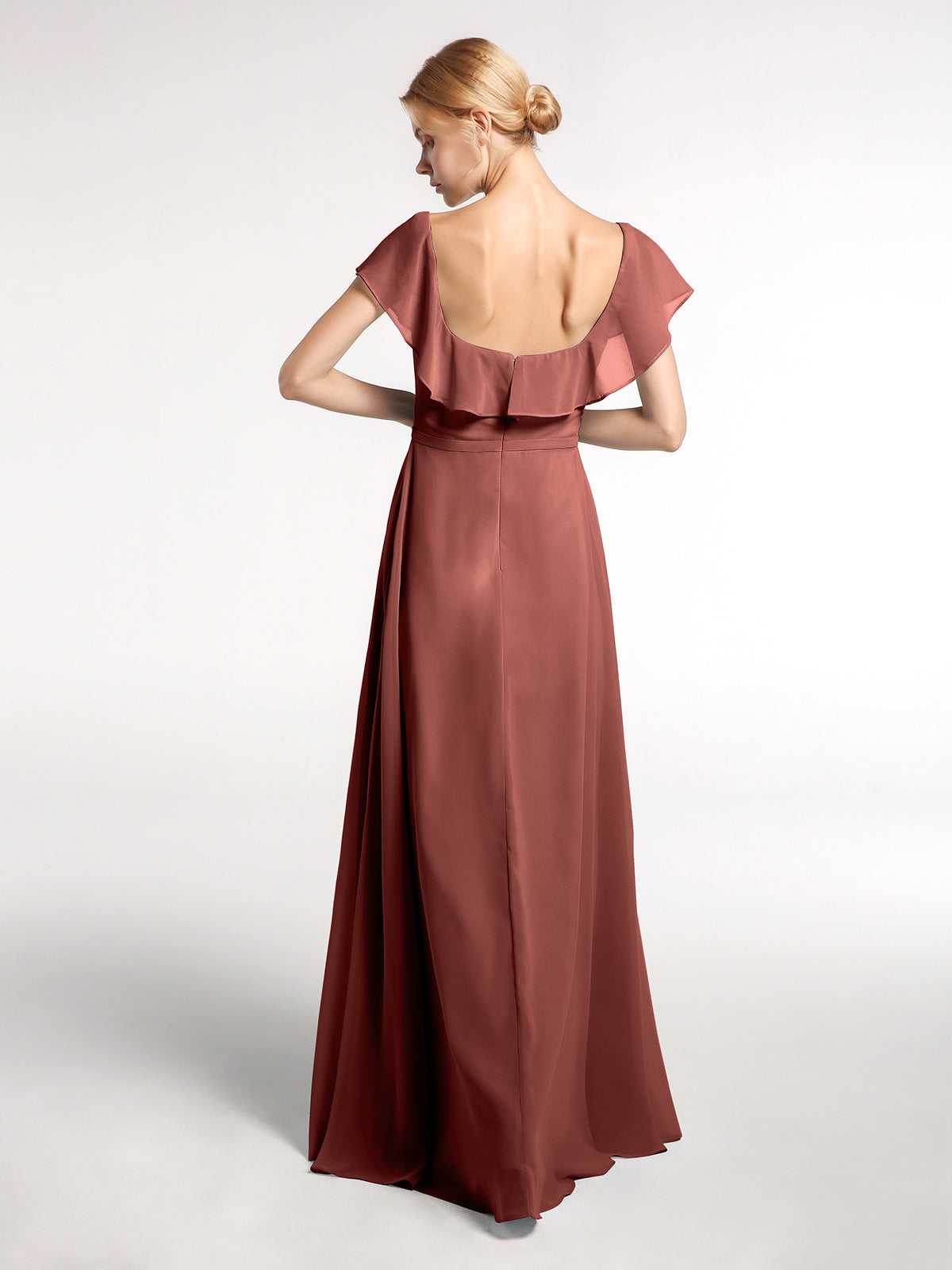 Vestido largo de chiffon con escote cuadrado y abertura frontal Terracota Tallas Grandes