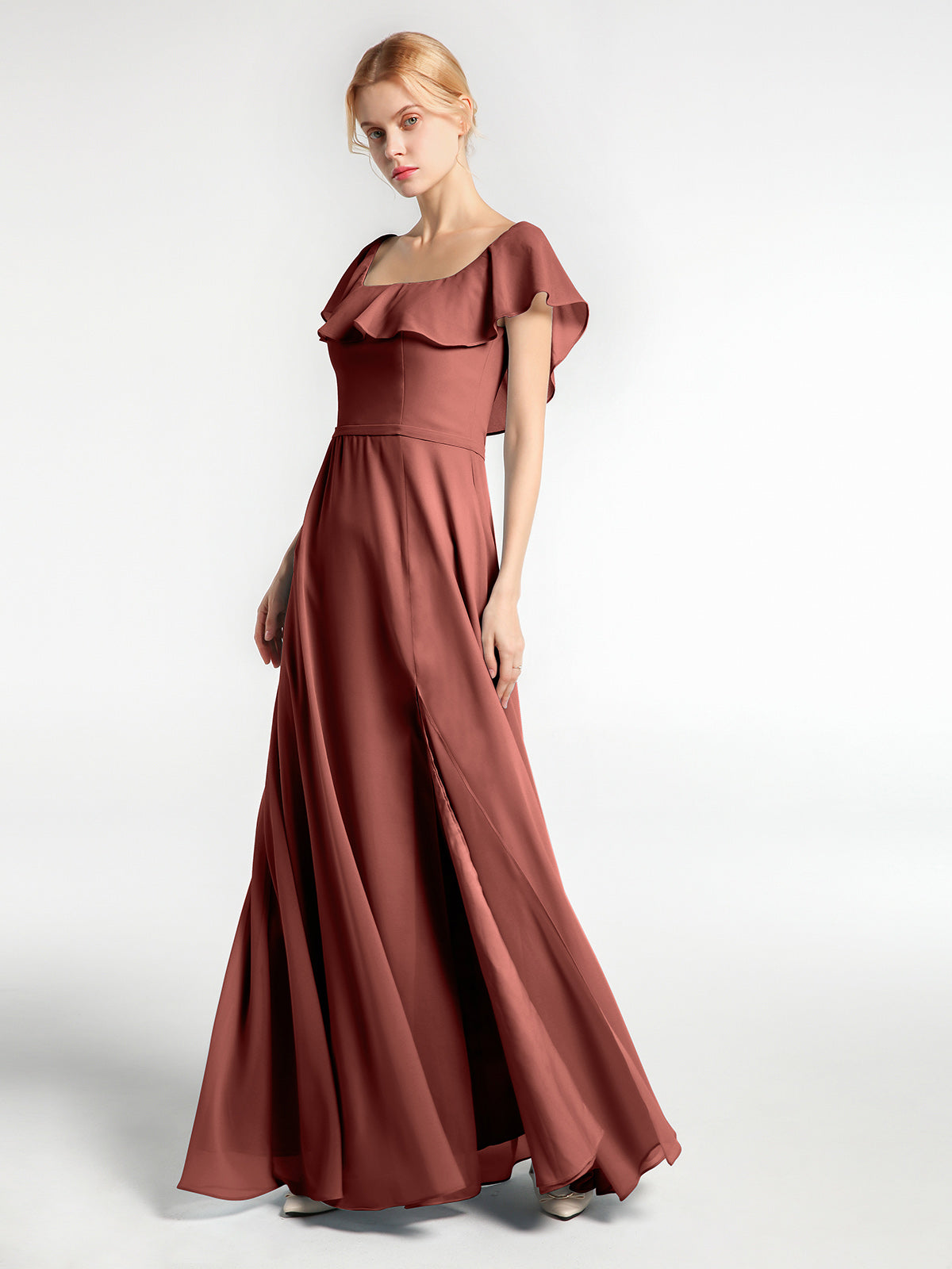 Vestido largo de chiffon con escote cuadrado y abertura frontal Terracota Tallas Grandes