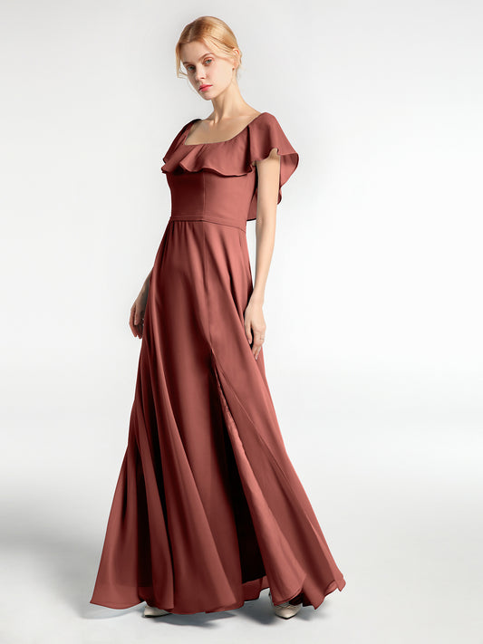 Vestido largo de chiffon con escote cuadrado y abertura frontal Terracota Tallas Grandes