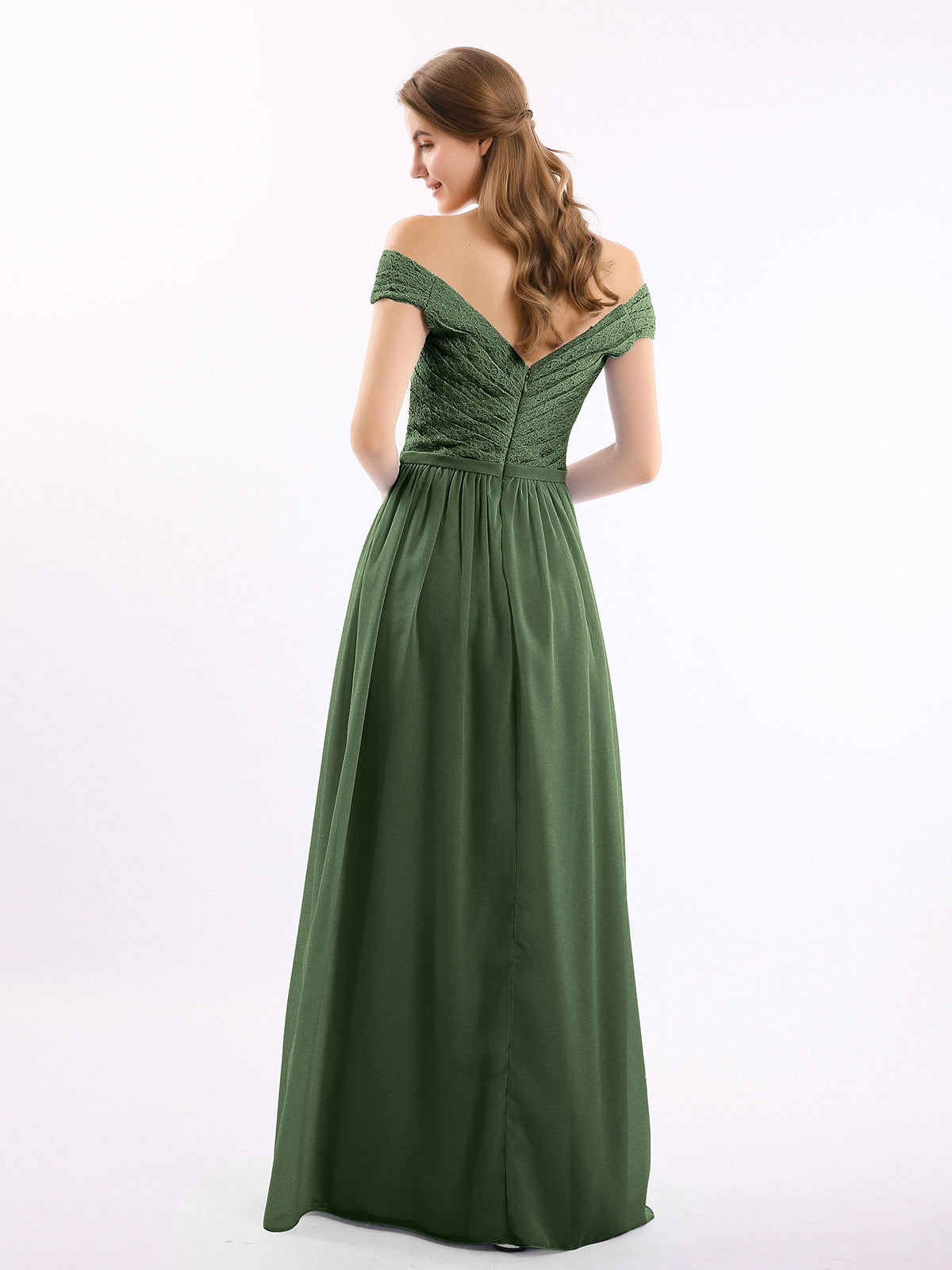 Vestido con la parte superior de encaje y la parte inferior de chiffon con mangas cap Verde Oliva Tallas Grandes
