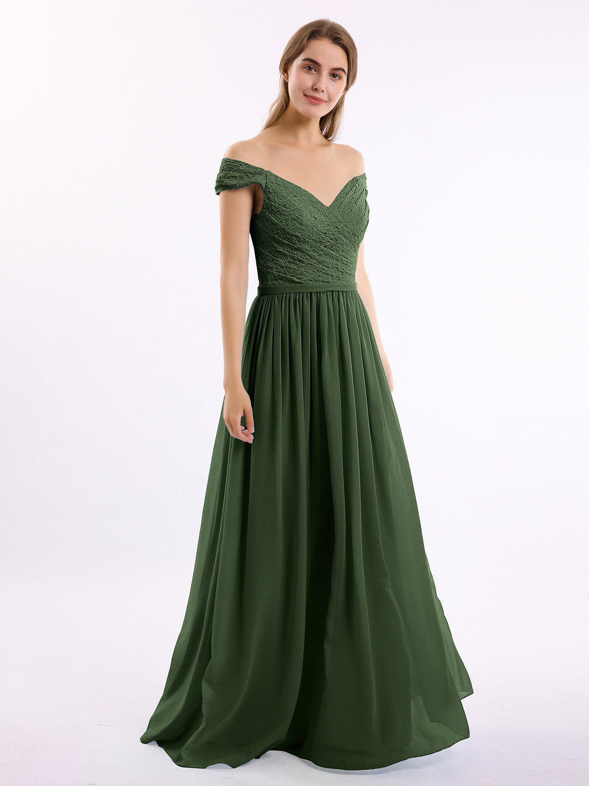 Vestido con la parte superior de encaje y la parte inferior de chiffon con mangas cap Verde Oliva Tallas Grandes