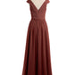 Vestido con la parte superior de encaje y la parte inferior de chiffon con mangas cap Terracota