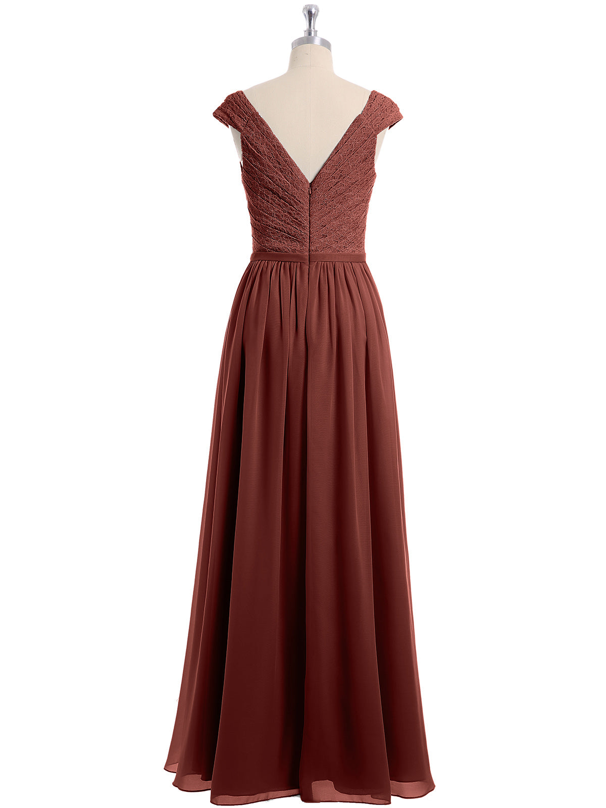Vestido con la parte superior de encaje y la parte inferior de chiffon con mangas cap Terracota