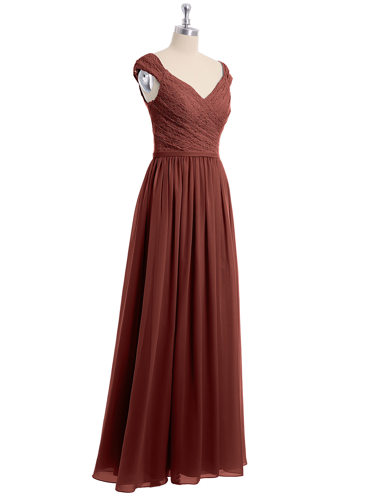 Vestido con la parte superior de encaje y la parte inferior de chiffon con mangas cap Terracota