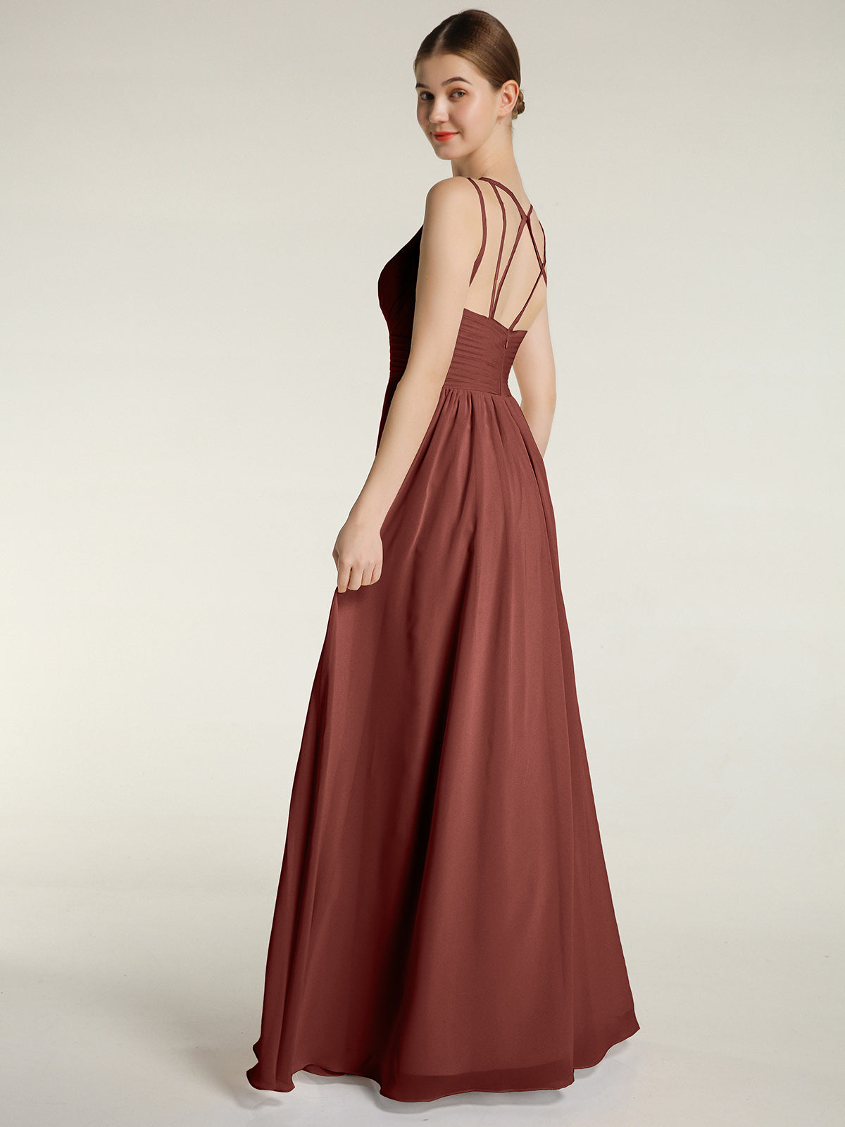 Vestidos de chiffon con tirantes dobles y escote en corazón Terracota Tallas Grandes