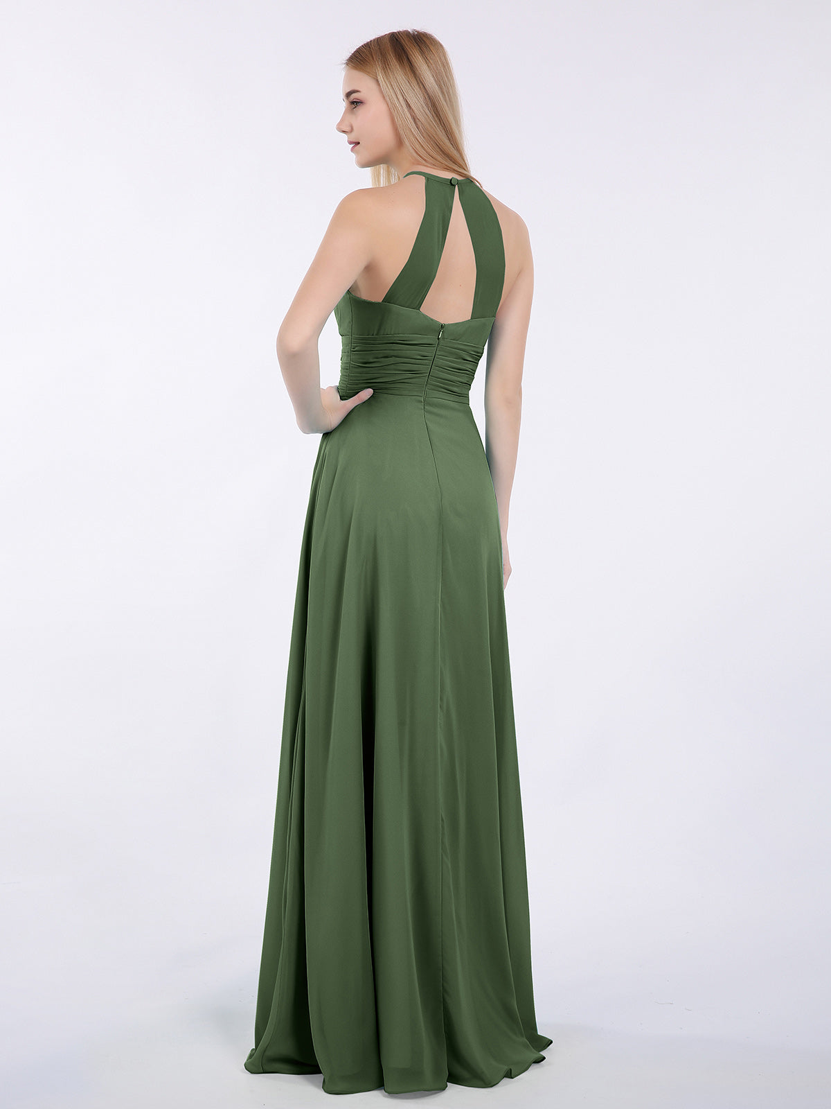 Doris Cabestro Gasa Maxi Vestido De Dama De Honor Verde Oliva Tallas Grandes