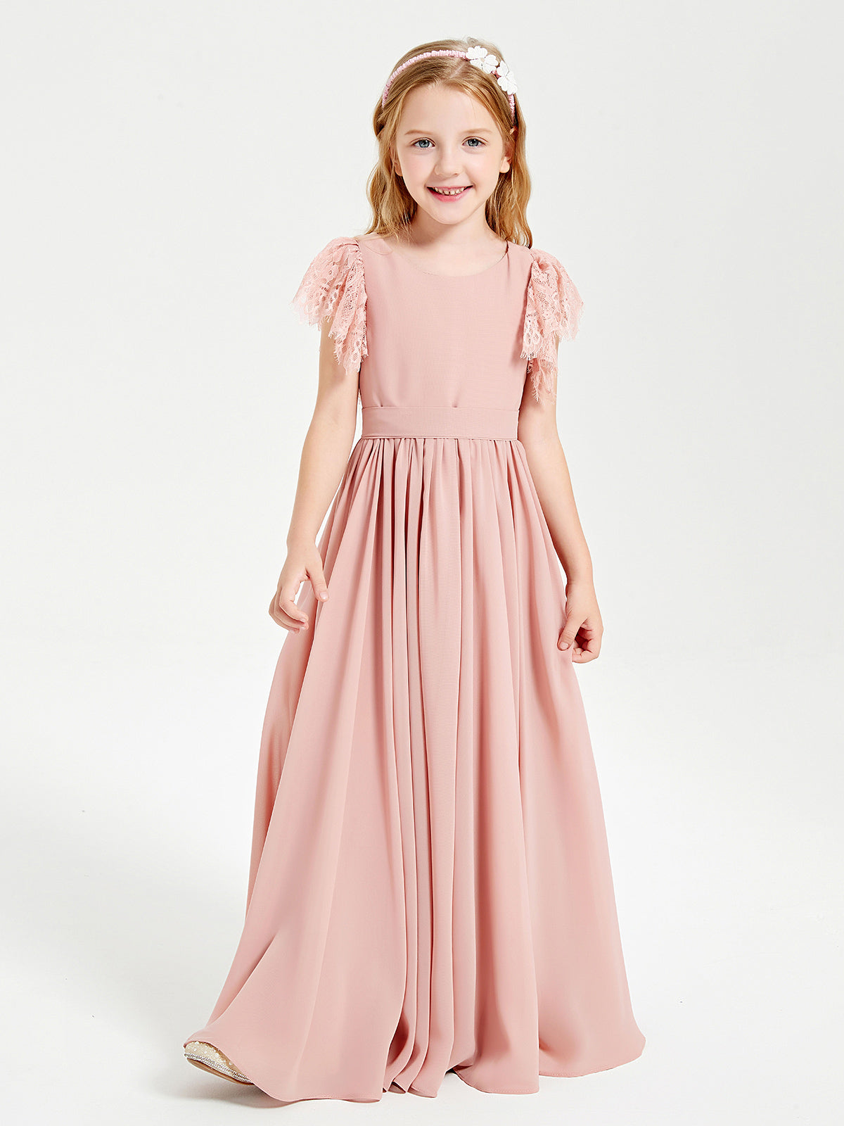 Vestidos De Dama De Honor Junior De Chiffón Con Mangas De Encaje Con Volantes Plata