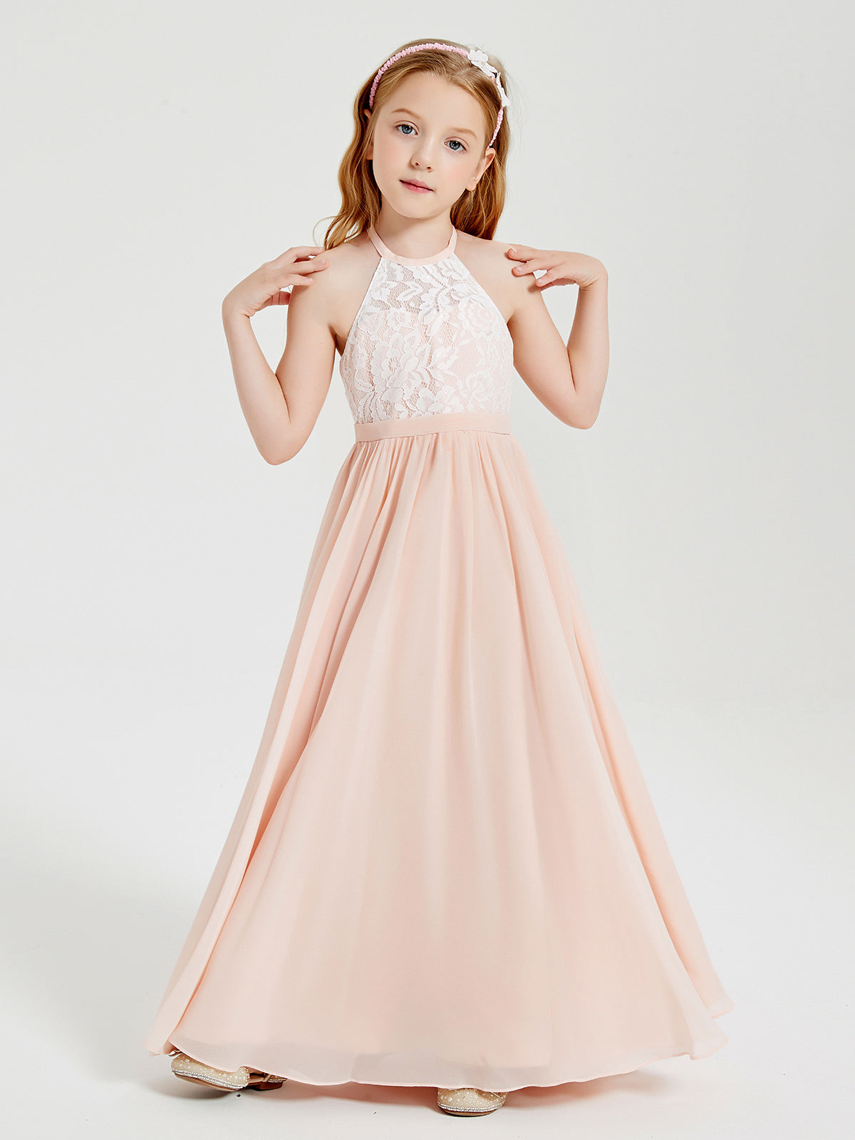 Vestidos De Dama De Honor Largos De Chiffón Con Parte Superior De Encaje Jade