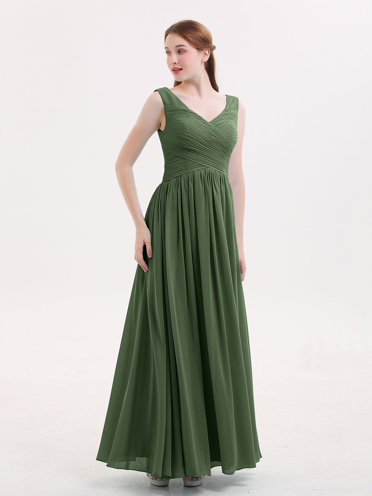 Easter Escote En V Maxi Gasa Vestidos Con Cremallera En Espalda Verde Oliva Tallas Grandes