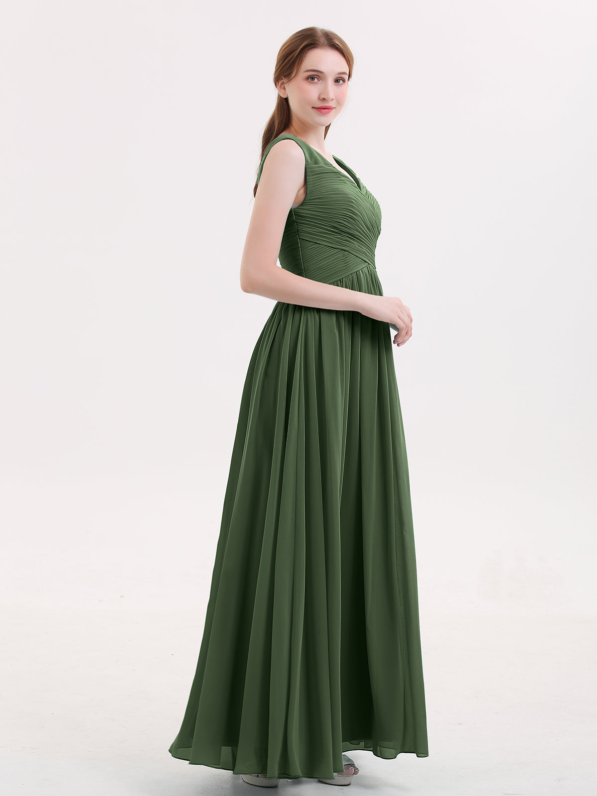 Easter Escote En V Maxi Gasa Vestidos Con Cremallera En Espalda Verde Oliva Tallas Grandes