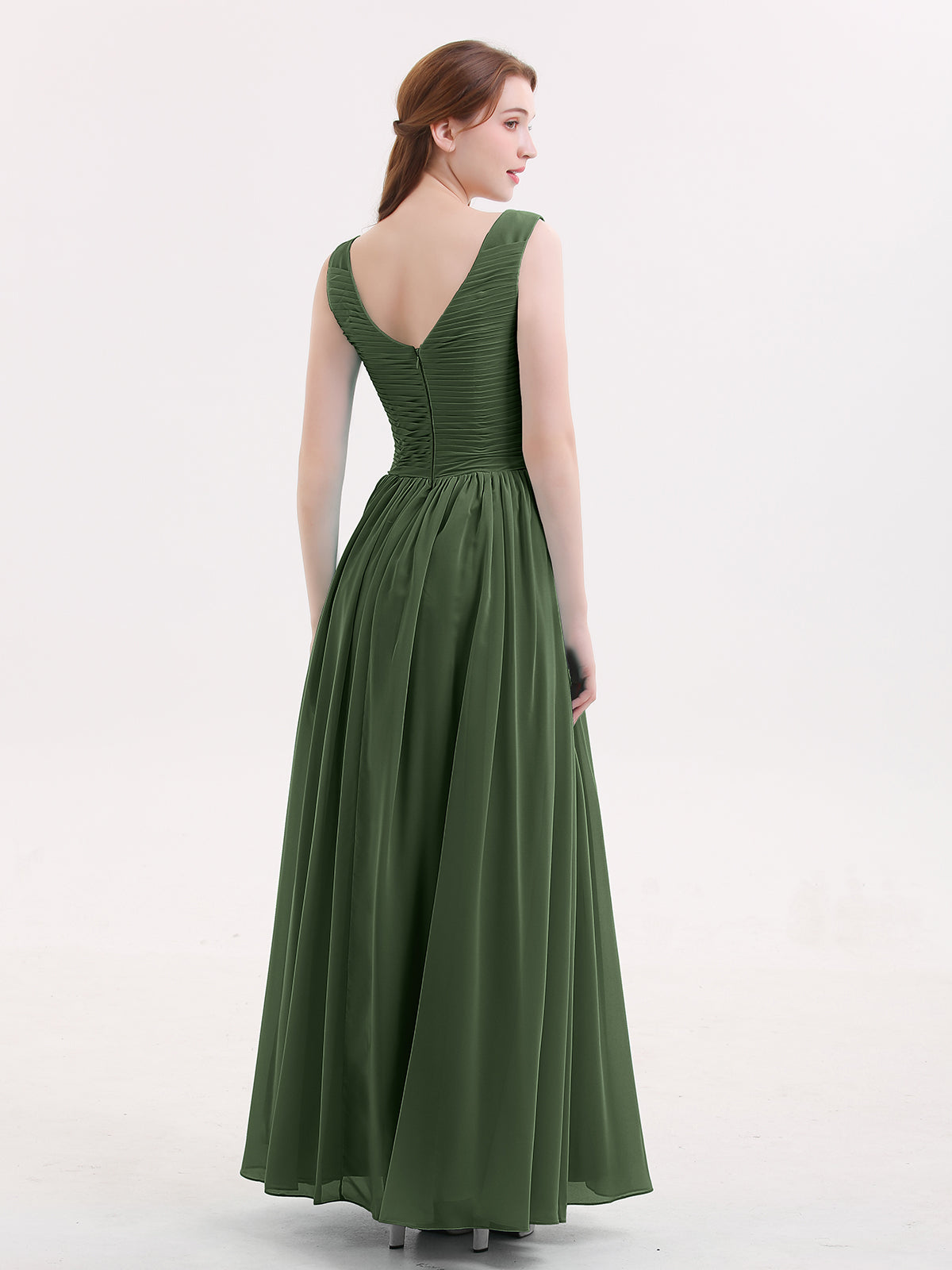 Easter Escote En V Maxi Gasa Vestidos Con Cremallera En Espalda Verde Oliva Tallas Grandes