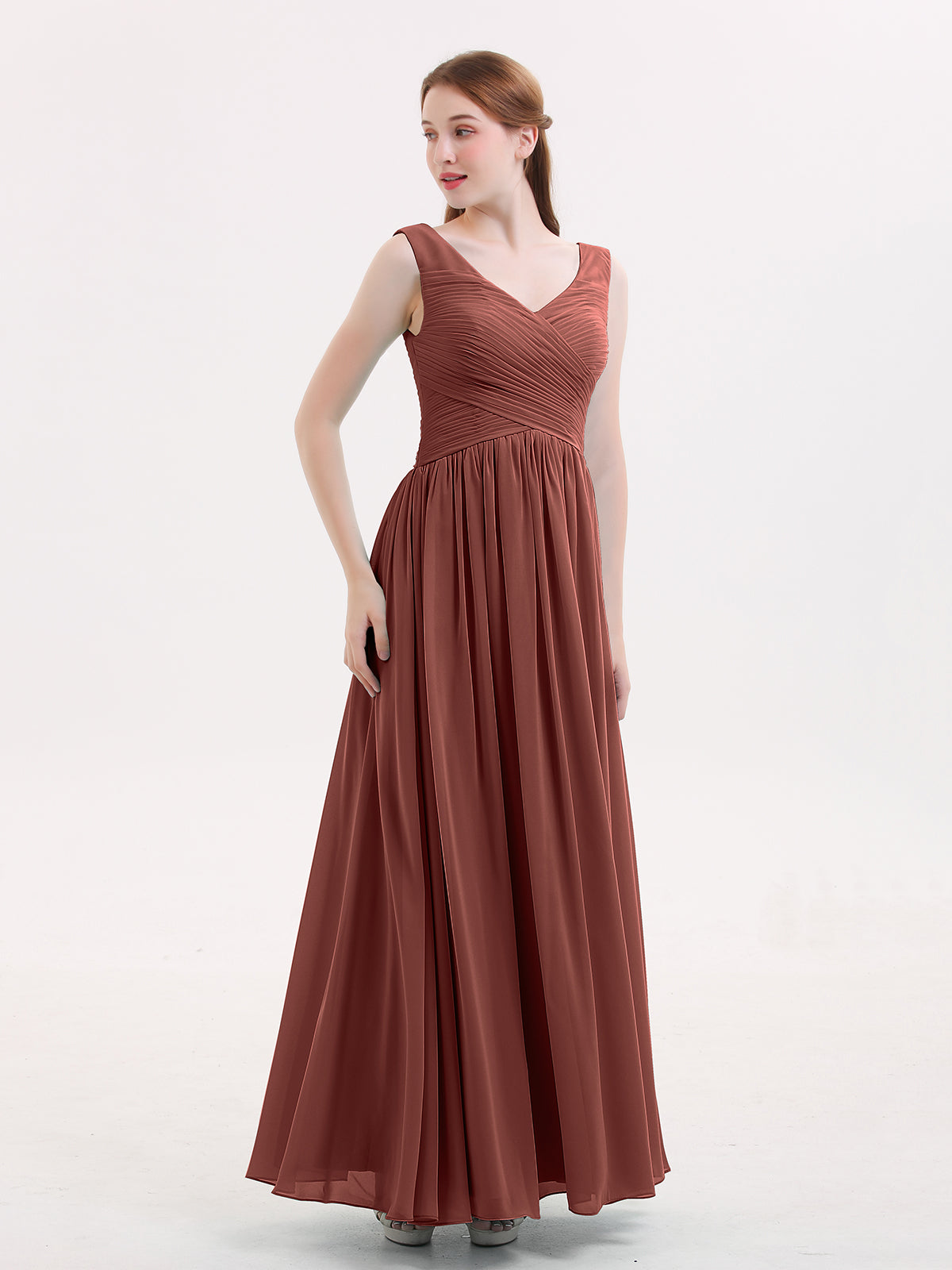 Easter Escote En V Maxi Gasa Vestidos Con Cremallera En Espalda Terracota Tallas Grandes