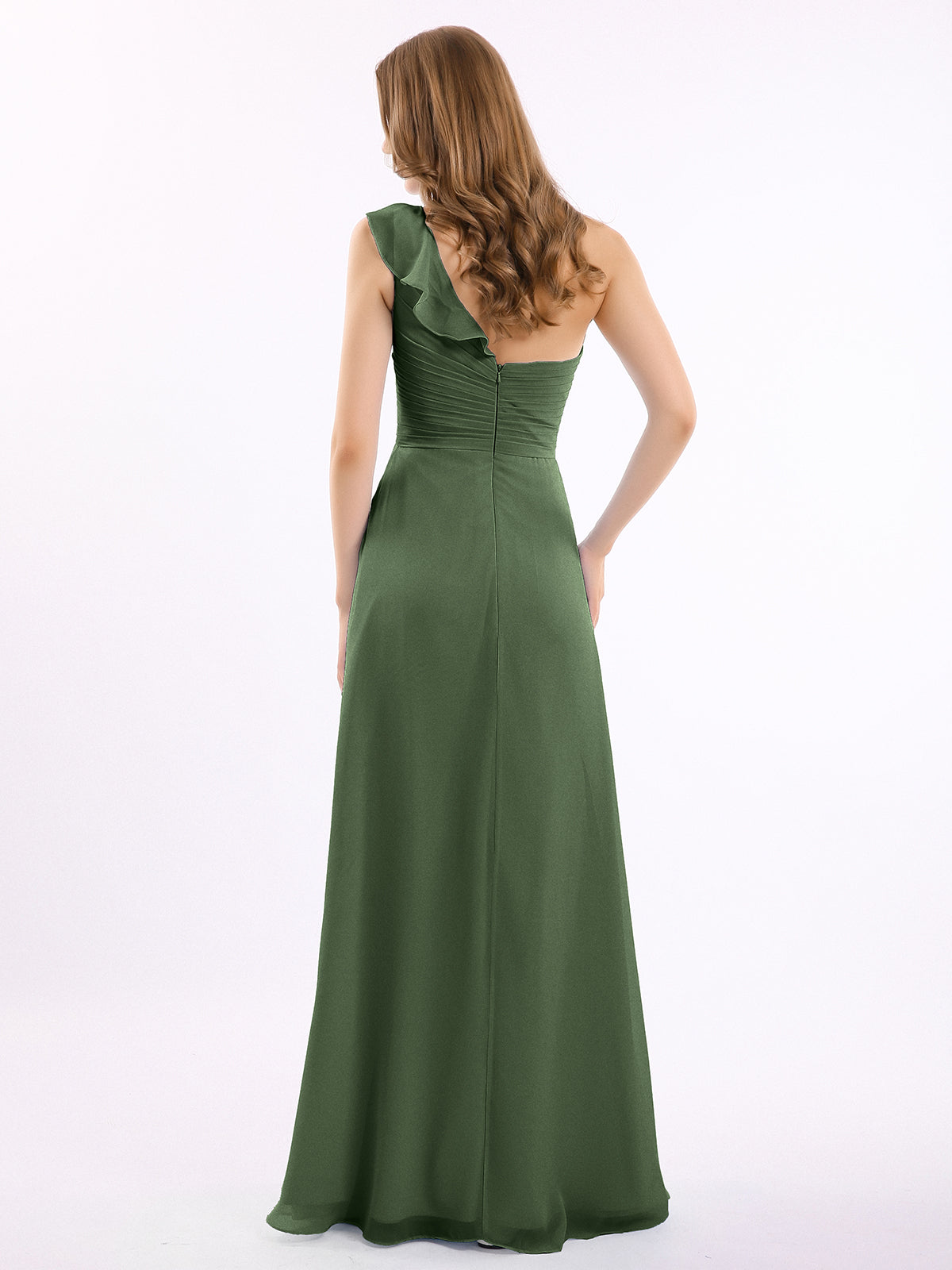 Eden Un Volante Hombro Largo Vestido De Dama De Honor Verde Oliva