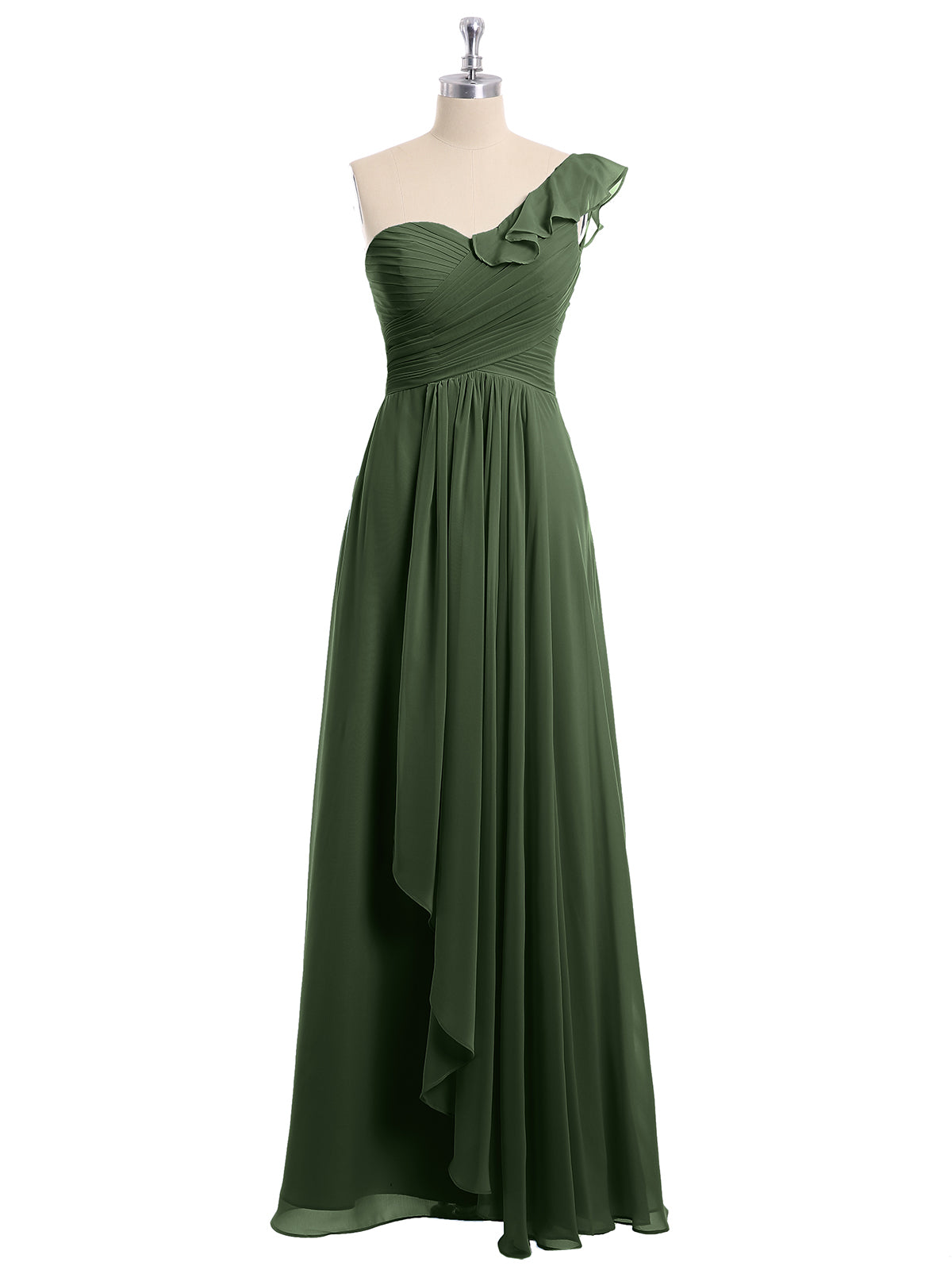 Eden Un Volante Hombro Largo Vestido De Dama De Honor Verde Oliva
