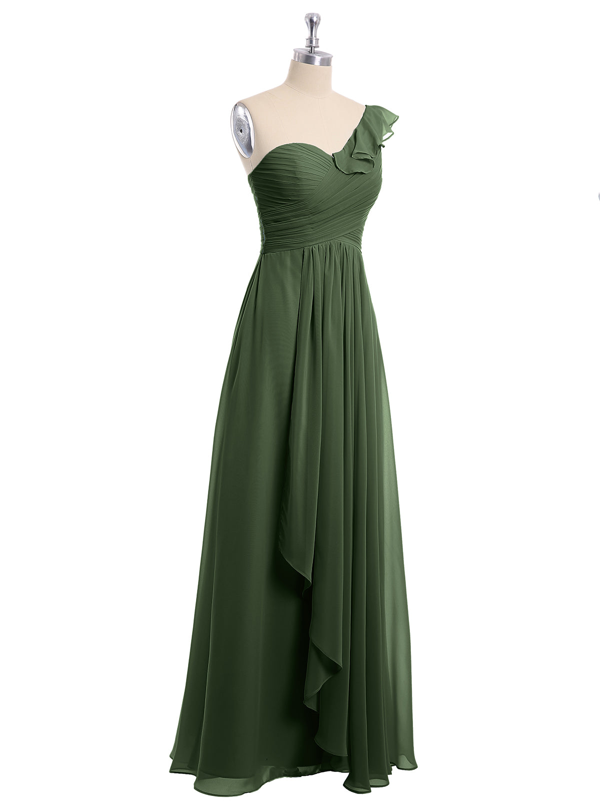 Eden Un Volante Hombro Largo Vestido De Dama De Honor Verde Oliva