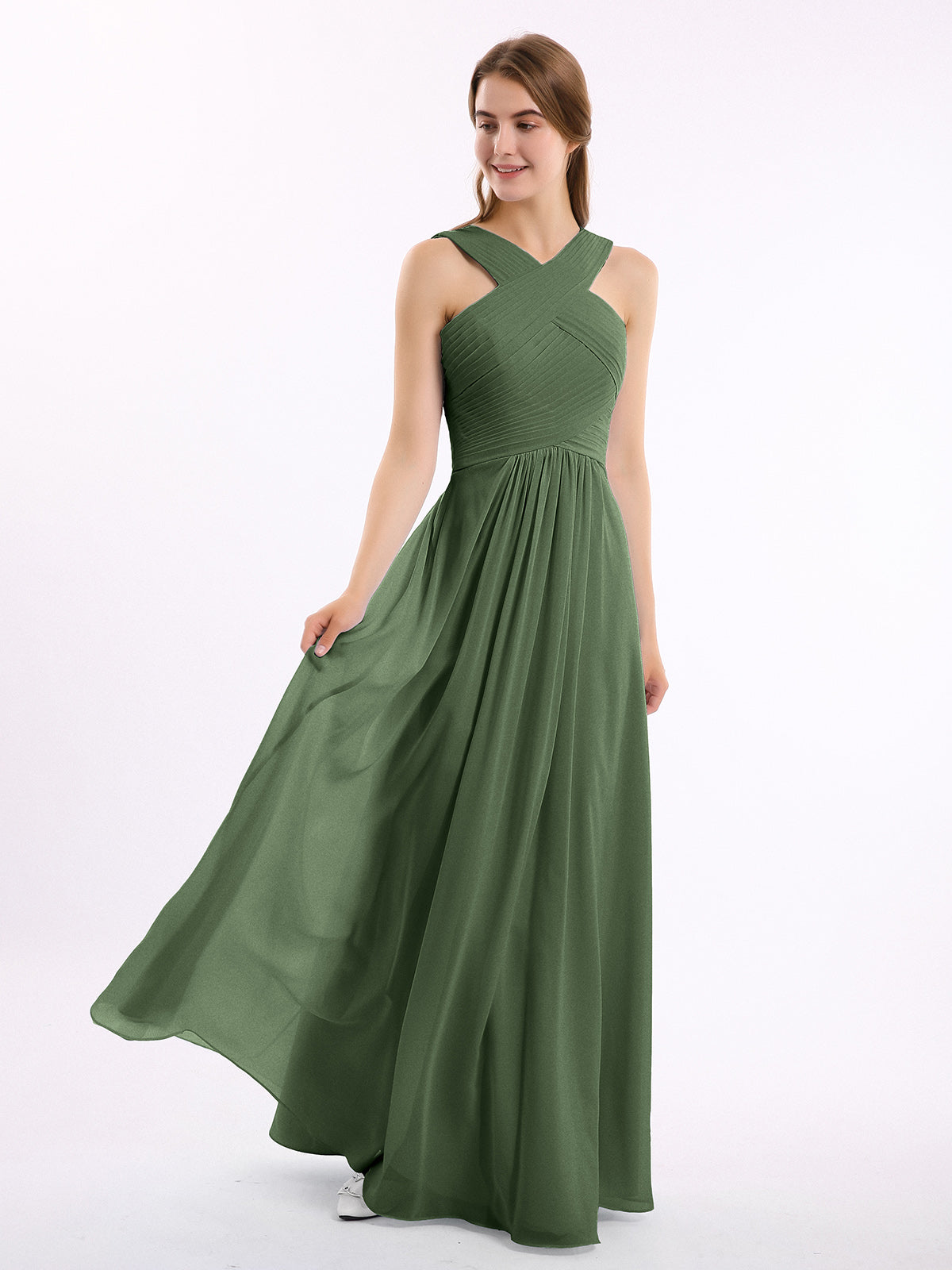 Eleanora Hombro Cruzado Tirante Gasa Vestido Con Corte Imperial Verde Oliva Tallas Grandes