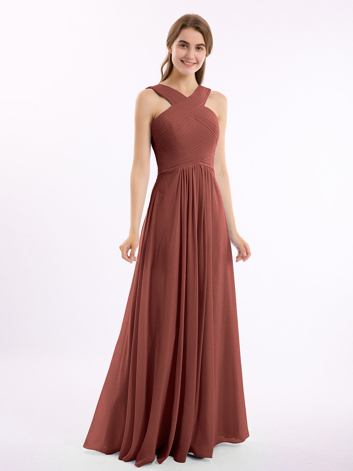 Eleanora Hombro Cruzado Tirante Gasa Vestido Con Corte Imperial Terracota Tallas Grandes