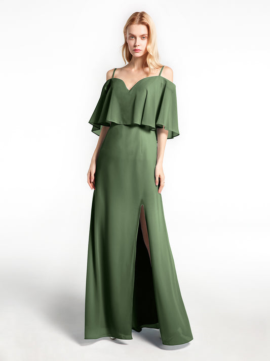 Vestido maxi con hombros descubiertos y volante superpuesto Verde Oliva