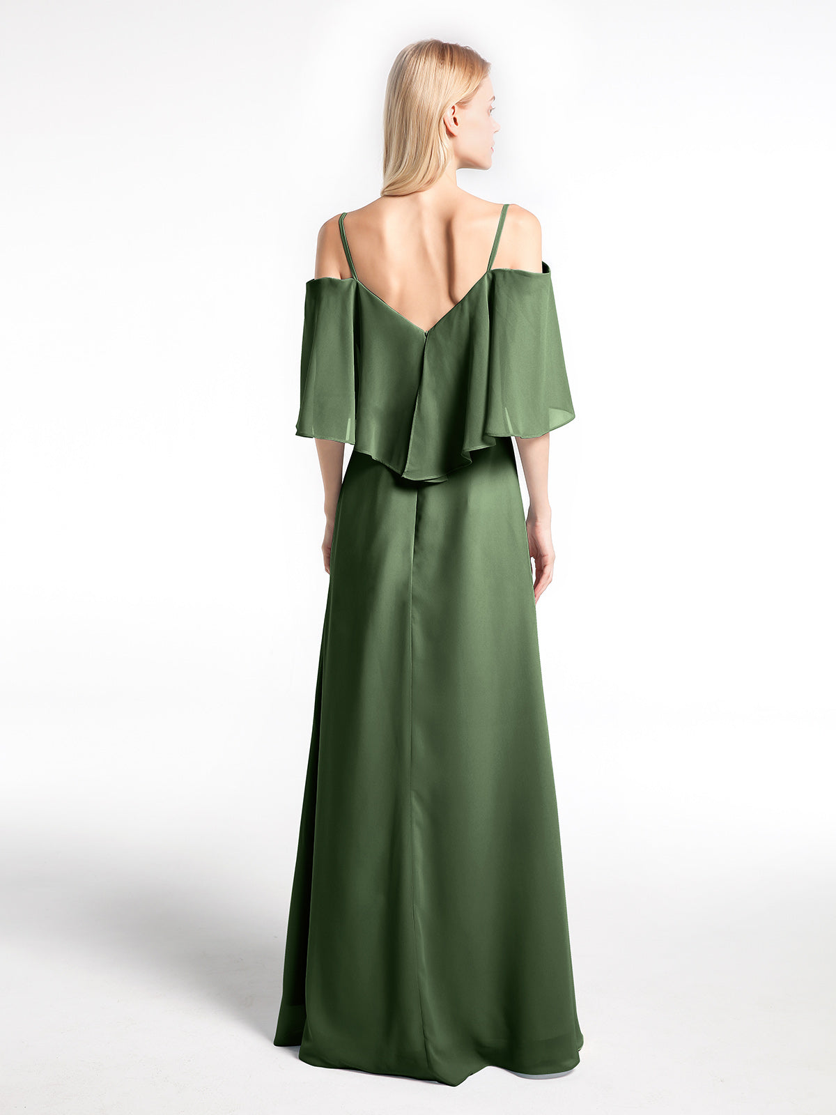 Vestido maxi con hombros descubiertos y volante superpuesto Verde Oliva