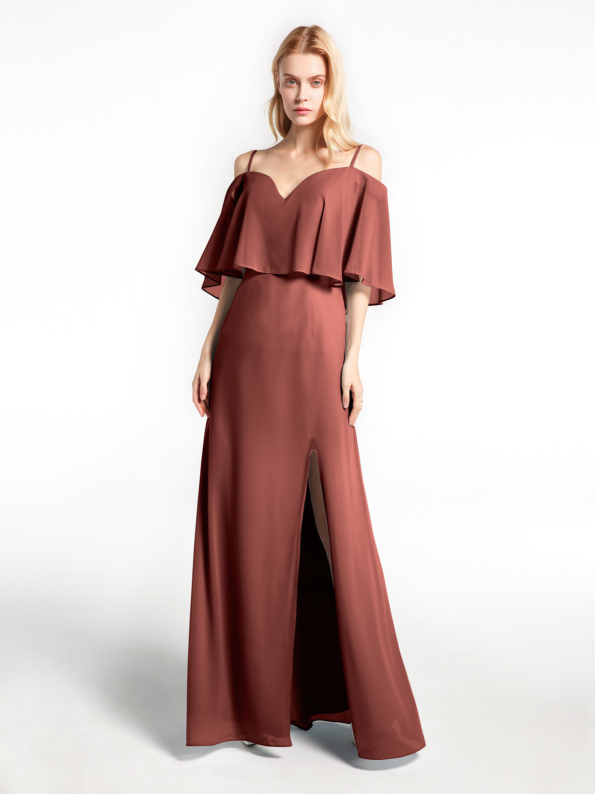 Vestido maxi con hombros descubiertos y volante superpuesto Terracota Tallas Grandes