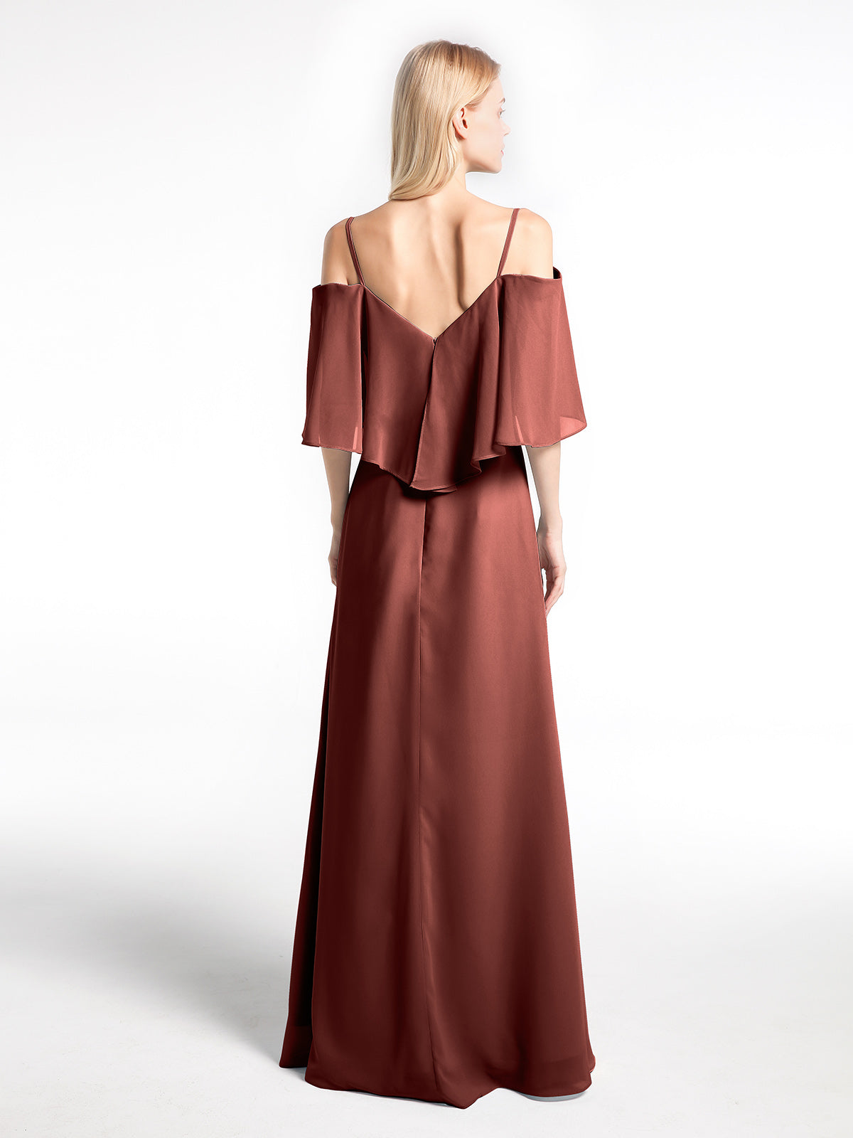 Vestido maxi con hombros descubiertos y volante superpuesto Terracota
