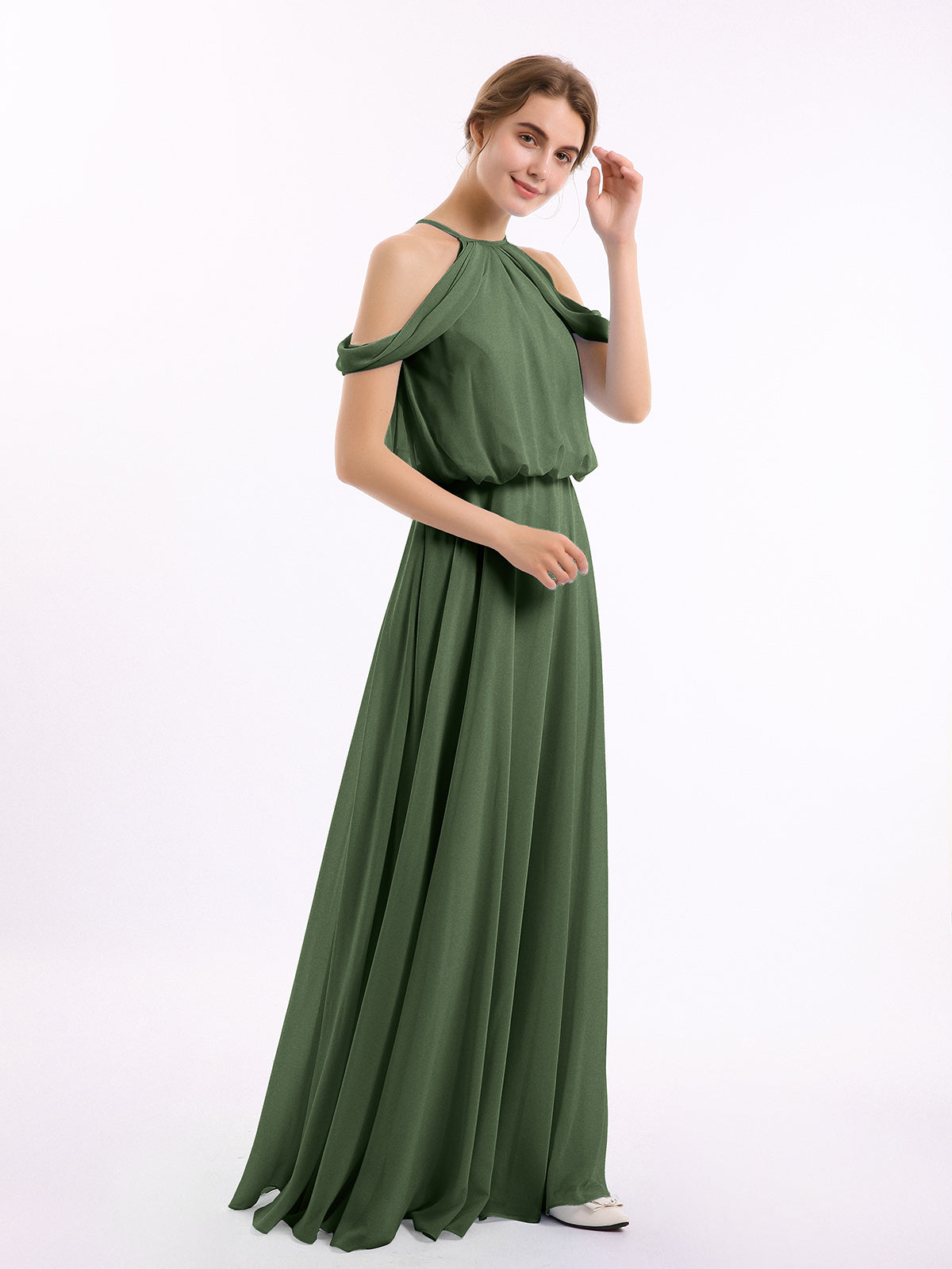 Vestido halter con escote en hombros caídos y cuerpo estilo blusón Verde Oliva Tallas Grandes
