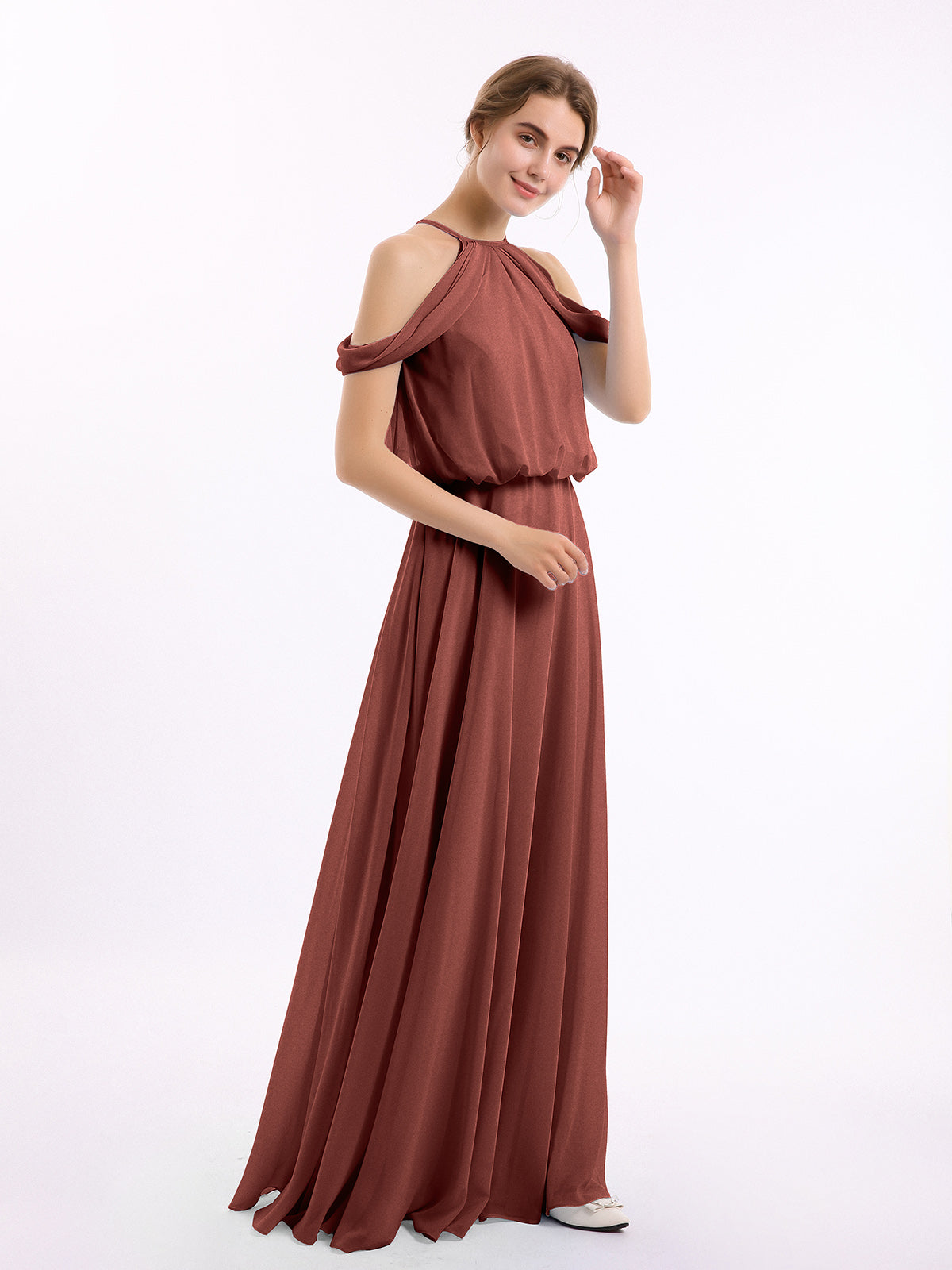 Vestido halter con escote en hombros caídos y cuerpo estilo blusón Terracota Tallas Grandes