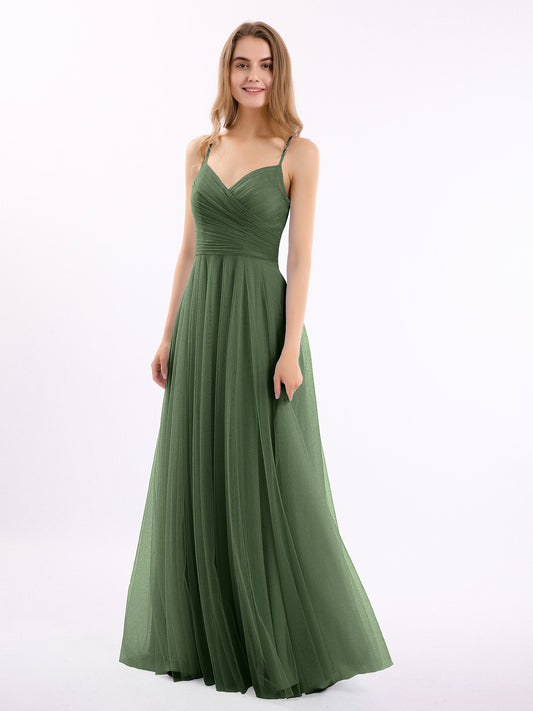 Vestido largo de tul con tirantes finos y escote en corazón Verde Oliva