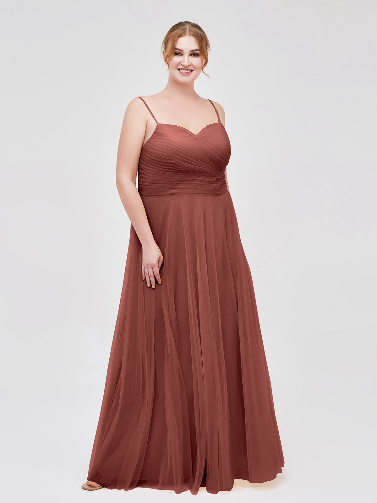 Vestido largo de tul con tirantes finos y escote en corazón Terracota Tallas Grandes