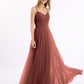 Vestido largo de tul con tirantes finos y escote en corazón Terracota