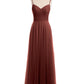 Vestido largo de tul con tirantes finos y escote en corazón Terracota