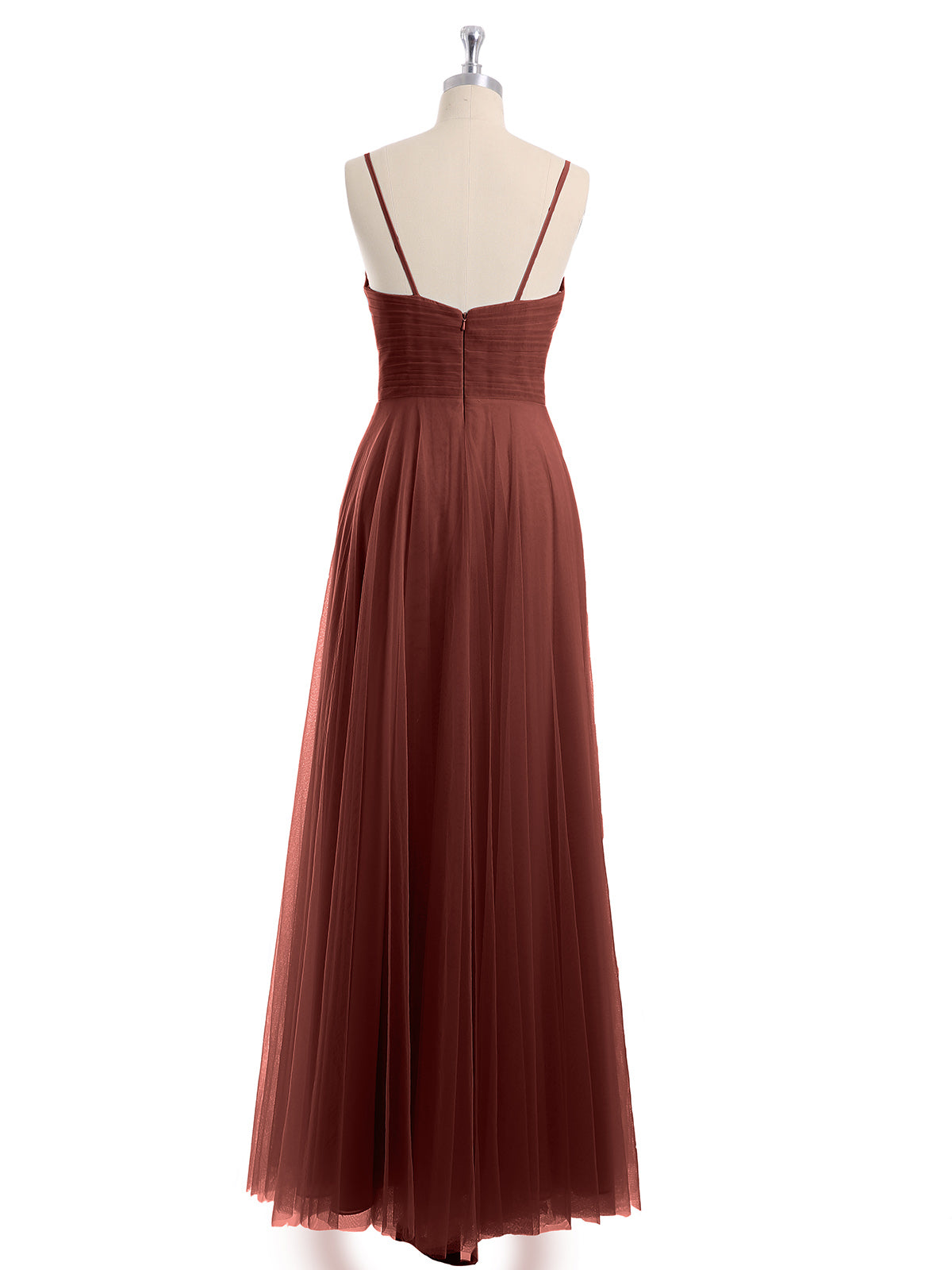 Vestido largo de tul con tirantes finos y escote en corazón Terracota