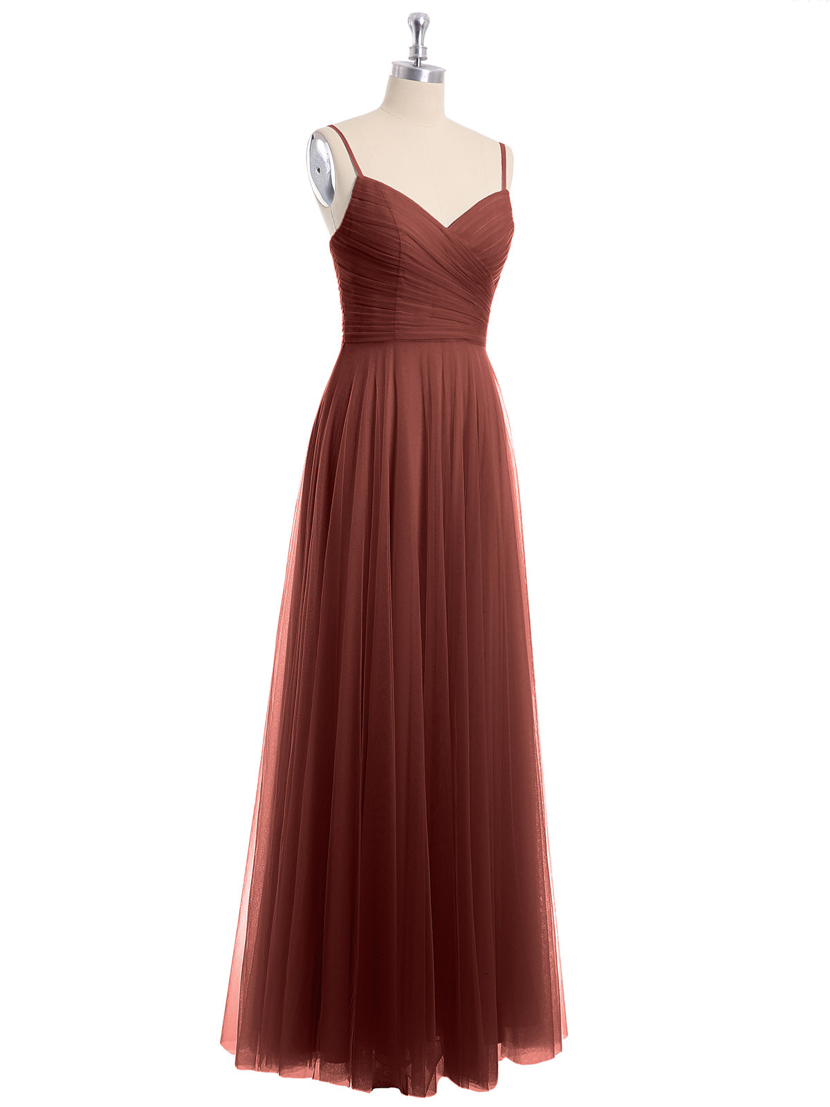 Vestido largo de tul con tirantes finos y escote en corazón Terracota Tallas Grandes