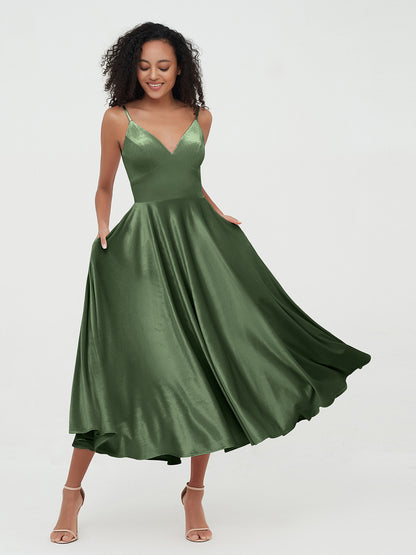 Vestidos de terciopelo midi con tirantes y bolsillos Verde Oliva Tallas Grandes