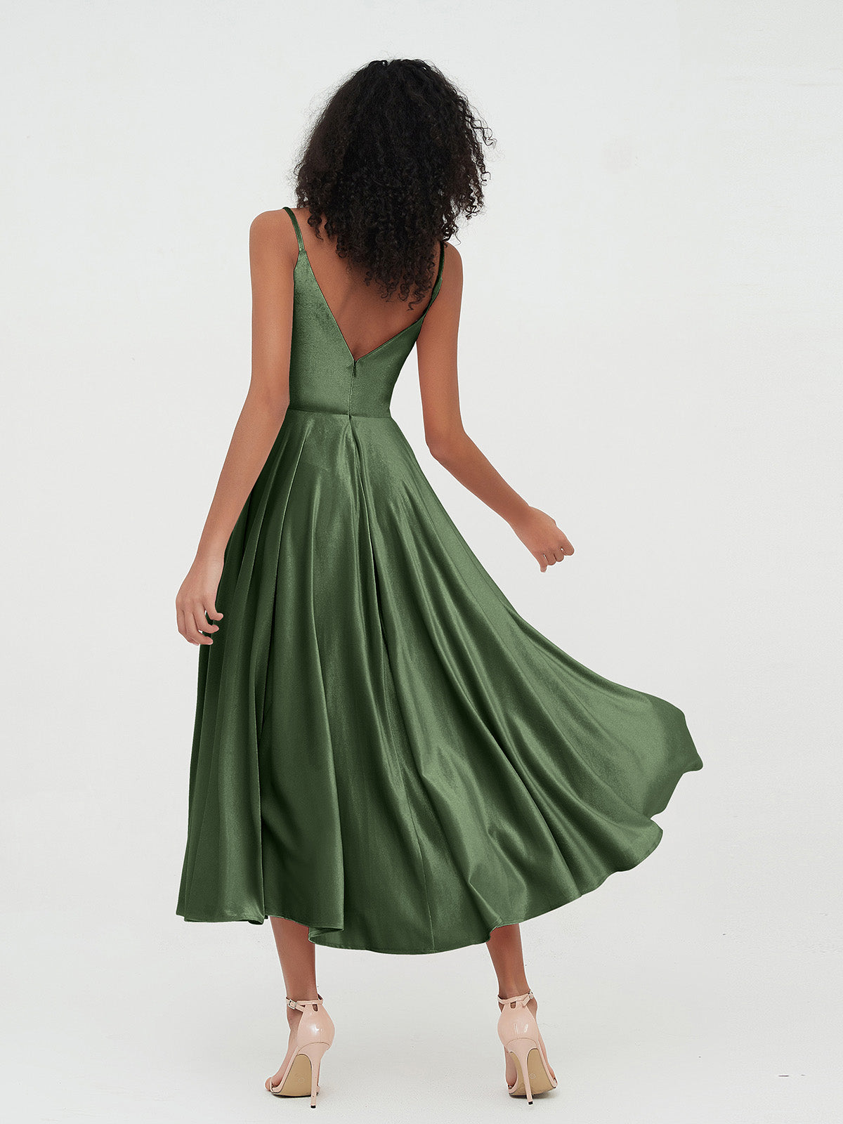 Vestidos de terciopelo midi con tirantes y bolsillos Verde Oliva Tallas Grandes